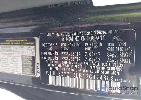 2016 Hyundai Santa Fe Sport 2.4L z USA, uszkodzony, nr VIN 5XYZTDLB1GG374883